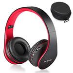 Wireless Bluetooth Over Ear Stereo Foldable Headphones, Wireless and Wired Mode Headsets with Soft Memory-Protein Earmuffs, Built-in Mic for Mobile Phone TV PC Laptop (Black&Red)