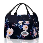 AOSBOS Sac Repas Isotherme pour Femme, Joli Sac à Déjeuner Porté Main Lunch Bag Isolant pour Travail École Pique-nique Plage Camping, Sac Isotherme Élégant avec Motifs à Fleurs Roses & Noir