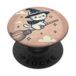 Chat magique sur balai ciel étoilé Kawaii simple PopSockets PopGrip Interchangeable