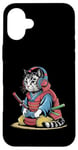 Coque pour iPhone 16 Plus Japon Kawaii Cat Samurai Casque Casque Manette de Jeu Vidéo