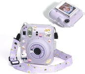 instax Étui de protection en cuir synthétique pour 12 mini 12 pièces, transparent, en PVC rigide, avec sangles amovibles et autocollants (autocollants lapin), lilas