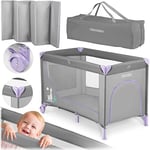 Ricokids Lit de Voyage Pliable pour Enfant 125 x 65 x 78 cm, capacité de Charge de 15 kg, Deux Roues avec Freins, entrée latérale Amovible, Matelas, Sac, Gris Clair et Lavande