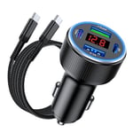 USB C Car Charger With Cable, 78W 4 Port Car Charger Adapter with Voltmeter Car Phone Charger Cigarette Lighter USB Charger Fast Charging for iPhone 16/15/14/13/12, Samsung Galaxy, iPad