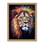 Artery8 Lion Head Oil Painting Rainbow Colour Mane Hair Vibrant Portrait Artwork Framed Wall Art Print 18X24 Inch