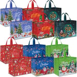 AhfuLife Grand Sacs Cadeau Noël, 40 x 36 x 15cm, 12Pcs Sac Cadeau Noël en Non Tissé, Pochette Fourre-tout de Noël avec Poignées, Sacs à Courses Réutilisables pour Fête de Noël