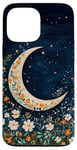 iPhone 13 Pro Max Floral Crescent Moon Dark Blue Cottagecore Botanical Case