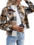 Zeagoo Veste de Transition à Carreaux pour Femme Shacket Court à Manches Longues Manteau en Flanelle avec Boutons Veste d'Automne pour Femme Marron L