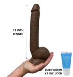 Dildo Sex Toy 11 Inch Realistic BROWN Balls & Suction Cup Dong Anal Vagina