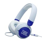 JBL Junior 320, Wired On-Ear Headphones for Kids with Built-In Mic, JBL Safe Sound, Low Volume, 12 mm Thick Soft Pad and Sticker Set, Ultra-Portable Design, in Blue