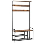 VASAGLE Coat Stand Rack, Coat and Shoe Storage Hallway, Coat Tree with Shoe Bench, 9 Removable Hooks, Top Shelf, Entryway Bedroom Dorm Apartment, Industrial, Rustic Brown and Black HSR409B01