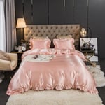 Freyamy Housse de Couette Ruffle 240x260+2 Taie d'oreiller 65x65cm Feuille de Lotus Satin Brillante Parure de lit Rose Unie Fille Sets de Housse Couette 2 Personnes Adulte avec Fermeture Éclair