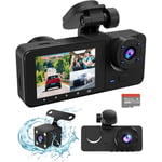 3-kanals dashcam fram och bak inuti, 4K full UHD dashkamera för bilar med gratis 32 GB SD-kort, inbyggd supernattvision, 2,0'' IPS-skärm, WDR, Loo