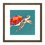 Loggerhead Turtle Red Blue Shell Animal Watercolour Ink Stamp Square Wooden Framed Wall Art Print Picture 8X8 Inch