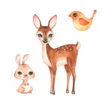 Hand drawn cute fawn bunny and bird Cartoon illustration isolated on white Watercolor set