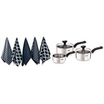 Penguin Home Tefal C973S344 Comfort Max Stainless Steel Saucepan Set, 3 Pieces - Silver 100% Cotton Tea Towel Set of 5 - Stylish Navy Design - 65 x 45cm