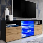 Meuble TV Urbino Komodee - LED bleues - Bois Naturel Mat et Noir - Facades en Matt - 140 x 53 x 35 cm