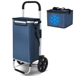 VOUNOT Chariot de Courses 2 Roues en Aluminium avec Compartiment Impermeable Caddie de Courses Pliable 3 en 1 avec Sac Isotherme Individuel Sac Chariot Bleu Marine 50L