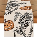 Chemin De Table D'Halloween 72 X 13 Pouces, Toile De Jute Pour Table De Cuisine Et Salle À Manger, Réutilisable Et Lavable En Machine, Design Squelette De Citrouille