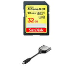 SanDisk Extreme PLUS 32GB SDHC Memory Card Twinpack up to 90MB/s, Class 10, U3 , V30 with USB Type-C Reader for SD UHS-I and UHS-II Cards