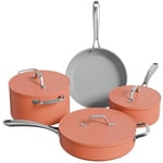 Ciarra Beyond - Batterie de Cuisine - Set de 4 Pièces - Poêle à Frire 26cm - Sauteuse 28cm/4.2L- Cocotte 24cm/5.9L - Casserole 20cm/ 2.8L - Revêtement Antiadhésif - Tous Feux dont Induction-Orange