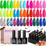 Beetles 20 Colors Gel Art Kit with 3Pcs Base Gel Glossy Top Coat and Nail Glue 4Pcs Mirror Effect Metal Gel Nail Polish Jelly Gel Polish for Diy Halloween Manicure Glitter Nails