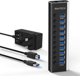 RSHTECH Powered USB 3.0 Hub Aluminum 10 Port USB 3.0 Data Hub with 12V/3A 36W &