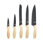 MasterChef Knife Set of 5 Kitchen Knives incl. Paring, Utility, Bread, Carving & Chef Knives for Cooking, Professional Sharp Stainless Steel, Non Stick Blades & Soft Touch Handles, 5 Piece, Wood Look