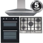 SIA 60cm Black Double Built In Oven, 70cm 5 Burner Gas Hob & Chimney Cooker Hood