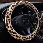 Chic Leopard Print Fluffy Plush Rattmuff för Bilstryning Mjuk Vinter Varm Bil Rattmuff Skydd Stretch På Universal Passform 37-39cm