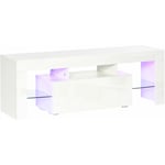 Meuble TV LED style contemporain - grand tiroir, niche, 2 étagères verre - panneaux particules MDF blanc laqué