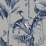 Belgravia Decor Azzurra Leaf Navy Silver Wallpaper 9506 - Tropical Palm Birds