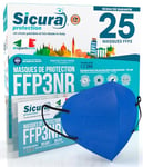 25 masques FFP3 certifiés CE BLEU COBALT Élastiques noirs Fabriqué en Italie logo SICURA en relief PFE ≥99% BFE ≥99% SANITIZED masques scellés individuellement