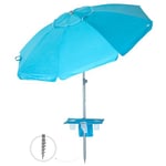 AKTIVE Parasol de plage, bleu, 210 cm, table centrale avec dessous de verre, crochet, mât en acier, inclinable et réglable en hauteur, tissu polyester Oxford, protection UV50, grands parasols (62331)