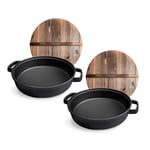 SOGA 2X 35cm Round Cast Iron Pre-seasoned Deep Baking Pizza Frying Pan Skillet with Wooden Lid - Frying Pans - ZPaiC4X2