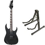 Ibanez GRG121DX-BKF GIO RG Series Electric Guitar - Black Flat and RockJam Universal Portable A-frame Guitar Stand for Acoustic Guitar, Electric Guitar & Bass Guitar with Lessons