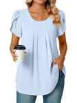 Bestbee Ladies Summer Tops, Dressy Chiffon Blouses Pleated Shirts Petal Short Sleeve Tunic Tops for Women Crewneck Casual T-Shirts, Light Blue, 2XL