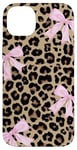 iPhone 14 Plus Light Pink Ribbon Bow Coquette On Cheetah Leopard Print Case