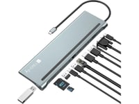 Techly Docking Station 12 In 1 Usb-C Hub Vga Hdmi Dp Rj45 With Micro Sd/Sd Reader, Wired, Usb 3.2 Gen 1 (3.1 Gen 1) Type-C, 100 W, 10,100,1000 Mbit/S, Grey, Microsd (Transflash), Sd