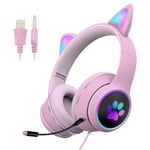 LED Wired Cat Ear Headphones Chat Gaming Headset for Adults and Teens, Adjustable Padded Headband, Detachable Microphone, Noise Cancelling and RGB Light (Pink, USB + 3.5mm)