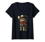 Womens Black Cat in Cowboy Boots V-Neck T-Shirt