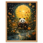 Harvest Moon Panda Landscape Oil Painting Panda Bear in a Wildflower Meadow with Flowing Stream Kids Bedroom Art Print Framed Poster Wall Decor 12x16