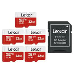 Lexar Carte Micro SD 32 Go Lot de 5 Cartes, Carte Mémoire Micro SD+ Adaptateur, Microsdxc Carte TF jusqu'à 100 Mo/s, A1, U1, C10, V30, Full HD et 4K UHD pour Caméra, Telephone, Switch