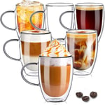 TKNO Set of 6 350ml Double Walled Coffee Glass Mugs with Handle, for Coffee Tea Milk Juice Ice Cream Borosilicate Heat Resistant Glass Tea Cups Mugs 350 ml, Microwave Safe, Ideal for Hot/Cold Drinks