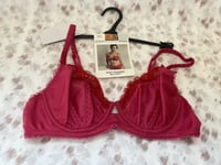 NEW M&S Marks & Spencer 32B pink satin with red lace trim non-padded balcony bra