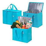 VENO Lot de 3 Grand Sac Isotherme Courses, Sac Glaciere Pliable avec Couvercle et Poignées Renforcées, Sac de Courses Debout, Sac Thermique Réutilisable, Sac Repas Durable (Cyan, Lot de 3)