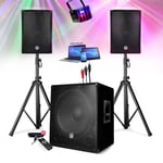 PACK SONO ENCEINTE + SUBWOOFER 1800W USB Bluetooth + PIEDS + CABLES et DERBY LED offerts - PA DJ SONO MIX Soirée disco mobile