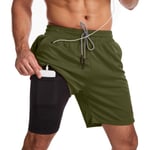 Badshorts herr, badbyxor med kompressionsfoder 2 i 1 Quick Dry Stretchy Badshorts för män Surfing Beach Shorts med 2 fickor med dragkedja Army Green XL