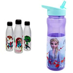 Marvel Comics Aluminum Water Bottle 600ml – Official Merchandise by Polar Gear - Multicolour & Disney Frozen Water Bottle with Straw – Reusable Kids 600ml PP, Multi Colour