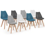 Lot de 8 chaises scandinaves sara mix color blanc x2, gris clair x2, gris foncé x2, bleu canard x2