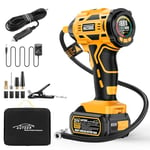 AUTDER Compresseur à Air Portatif, Gonfleur Pneus Voiture, Max 180 PSI/12.4 Bar, Compresseur Voiture sans Fil avec Batterie 21V et 12V DC, pour Voitures, Vélos, Motos, Ballons, Jaune